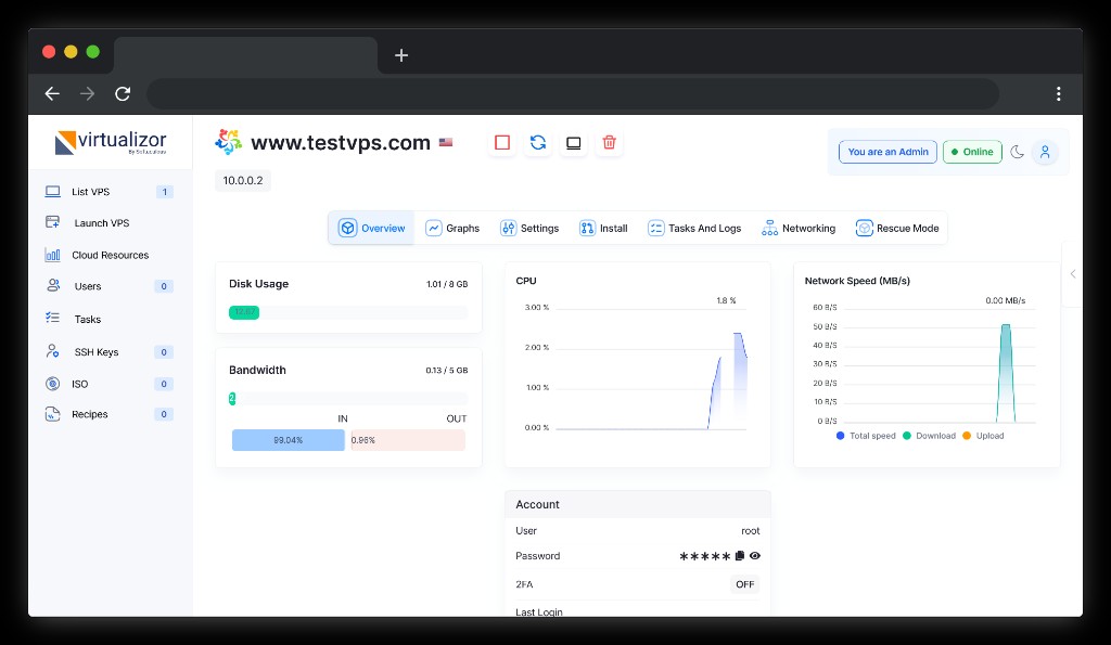 截图：浏览器窗口内的 VPS 管理界面，含用量图表、磁盘与带宽指示及电源等操作